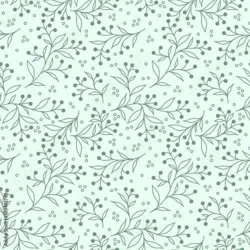 Beautiful floral theme seamless pattern vector. Green leaf, flower and fruit on light green background. Garden wallpaper. Design for greeting card, gift box, wrapping paper, fabric, dress, scarf.
