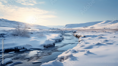 A frozen river winding through snow-covered landscapes, AI Generative.