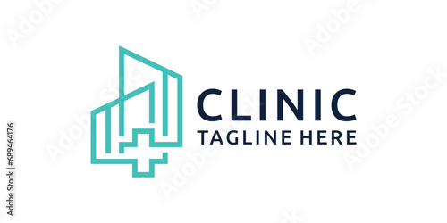 logo combination of building shape illustration with plus sign, icon, vector, symbol.