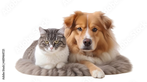 Portrait of a dog Russian Spaniel and cat Scottish Straight isolated on white PNG background, Generative Ai