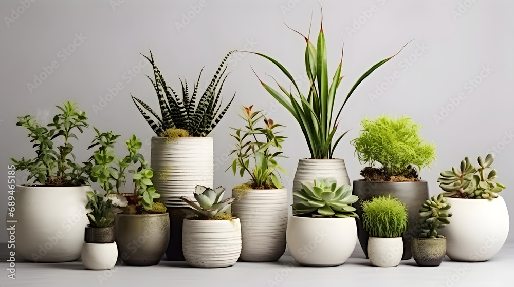 pots with indoor plants, succulent, green herbs, generative ai
