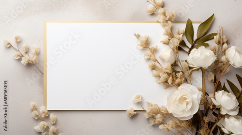 Minimal composition,mockup for a greeting card or holiday invitation,flat lay,copy space.Brown craft envelope,blank card for text,eucalyptus branch.Wedding invitation,christening,birthday,love letter © ND STOCK