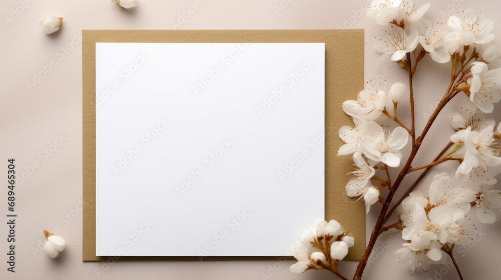 Minimal composition,mockup for a greeting card or holiday invitation,flat lay,copy space.Brown craft envelope,blank card for text,eucalyptus branch.Wedding invitation,christening,birthday,love letter