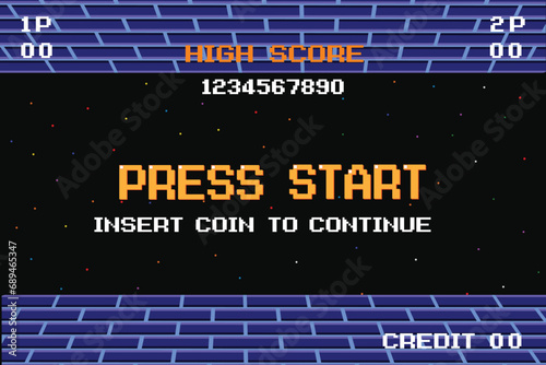 PRESS START INSERT A COIN TO CONTINUE. pixel art .8 bit game. retro game. for game assets in vector illustrations.