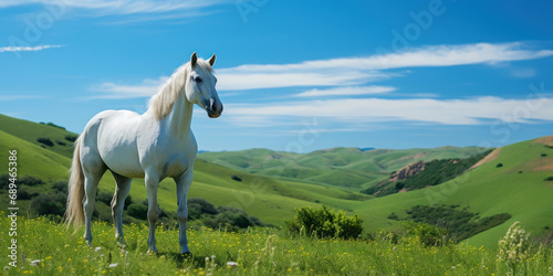 Majestic white horse stands in vibrant green grass against a backdrop of rolling hills under a blue sky photo