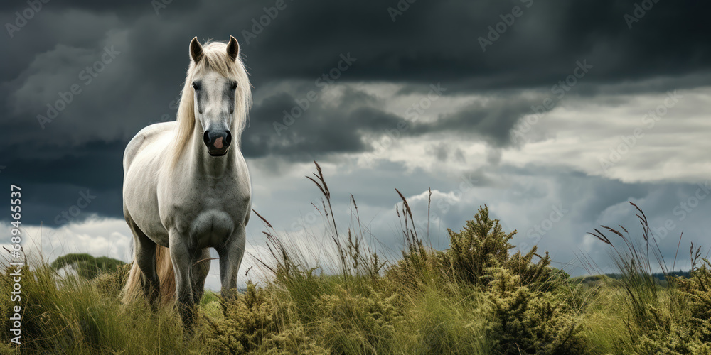 White horse in tall, verdant grass, set against the dramatic backdrop of stormy grey skies
