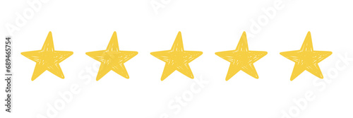 Five star doodle. Hand drawn quality, review yellow five star illustration. Award, quality, feedback concept elements. Sketch grunge style. Isolated vector illustration.