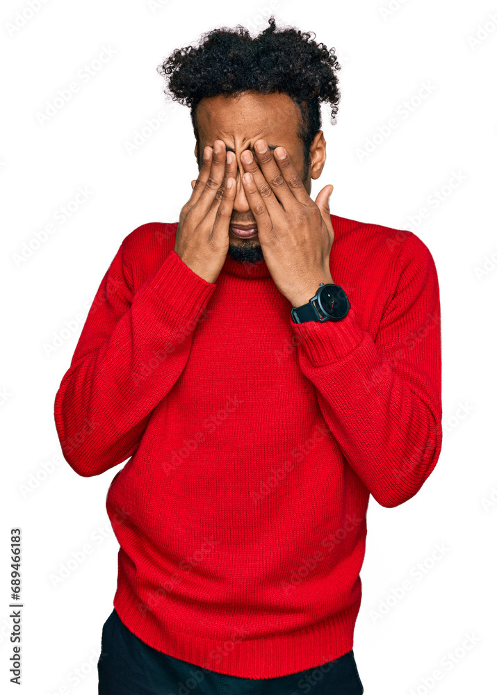 Young african american man with beard wearing casual winter sweater rubbing eyes for fatigue and headache, sleepy and tired expression. vision problem