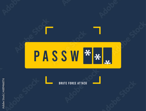 Brute-force attack icon - password guessing to crack security. Cryptographic selection of password or passphrase by brute force in database. Vector illustration isolated on dark background with icons photo
