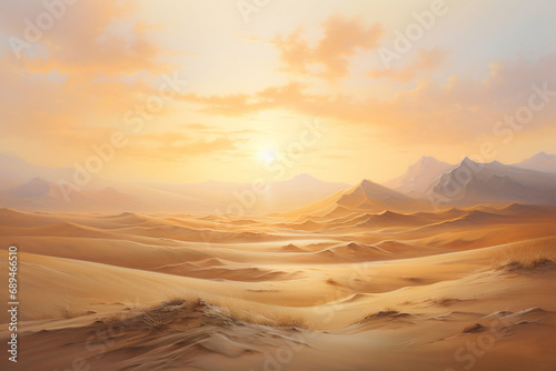 sunset over desert dunes, oil painting