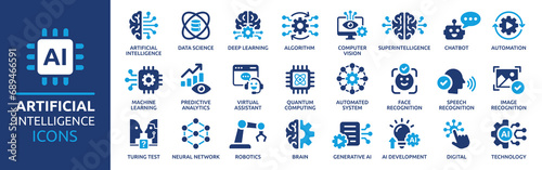 Artificial intelligence icon set. Containing machine learning, data science, AI, virtual assistant, generative AI, technology, Turing test and more. Solid vector icons collection.