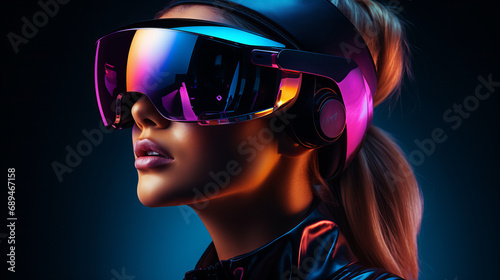 Amazed young woman in a VR headset explores the metaverse virtual space. Virtual reality female girl gamer in futuristic meta world. Gaming and futuristic entertainment concept, future reality © Anastasiia