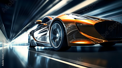 side view of a fast driving sport car, blurred motion background, generative ai © Lucky Ai