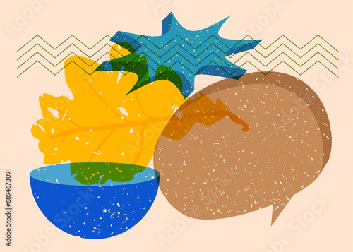 Risograph Autumn Leaf with speech bubble with geometric shapes. Objects in trendy riso graph print texture style design with geometry elements.