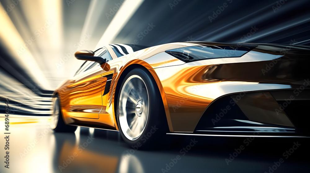 side view of a fast driving sport car, blurred motion background, generative ai