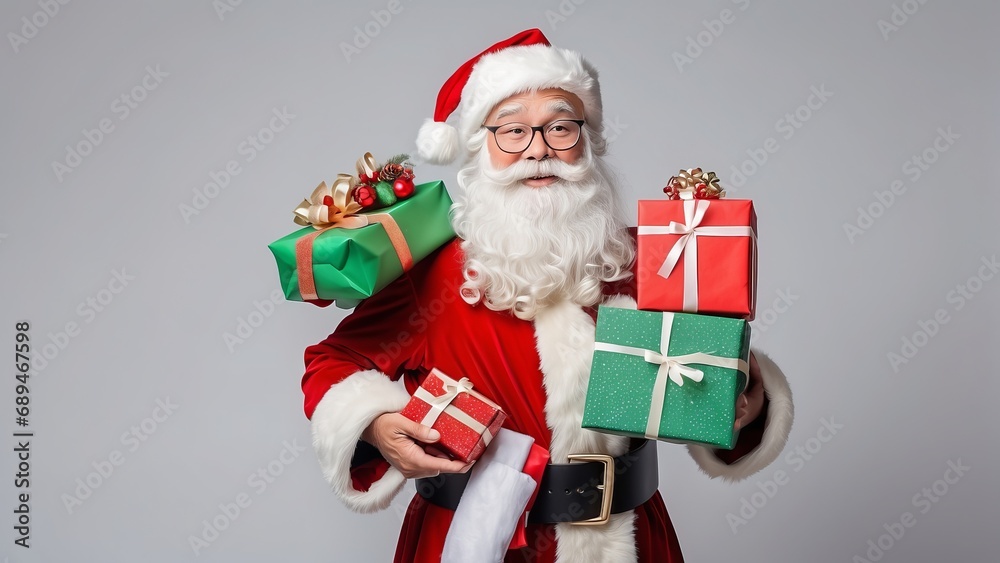 Portrait of Santa with Gifts: Studio Portrait of Santa Claus with Gift Boxes and Discounts Portrait of Santa with Gifts: Studio Portrait of Santa Claus with Gift Boxes and Discounts