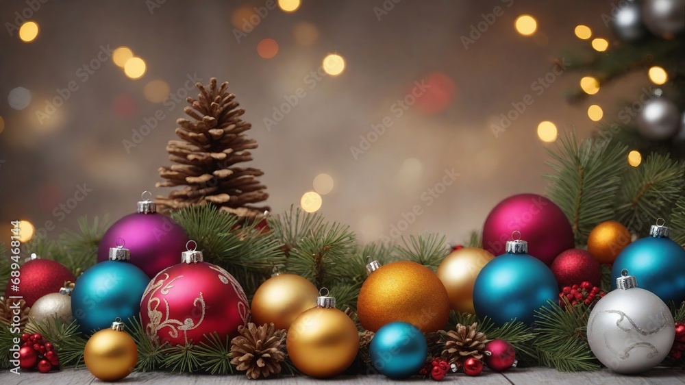 Shiny Christmas Background: Red and Gold Ornaments on a Tree Branch