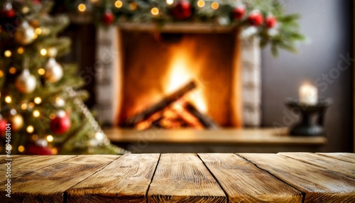 an empty wooden table  Wooden table in front of fireplace with wood burning in background. New year  Christmas background Christmas table setup  christmas tree and candle