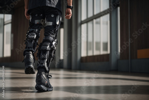 A man walks on a bionic prosthetic legs, robotic legs photo