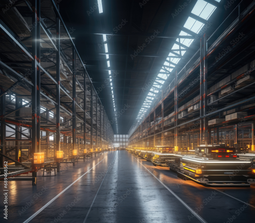 Modern warehouse interior. Rows of shelves with boxes. Logistics. Smart warehouse management system.