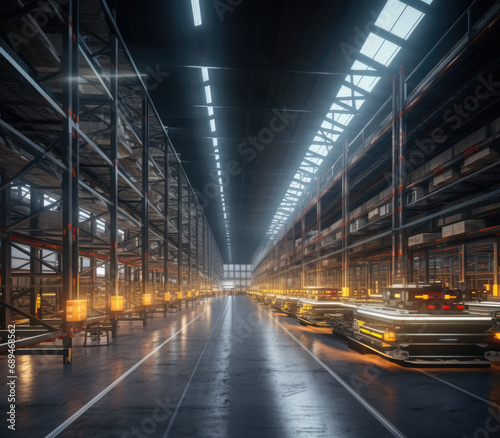 Modern warehouse interior. Rows of shelves with boxes. Logistics. Smart warehouse management system.