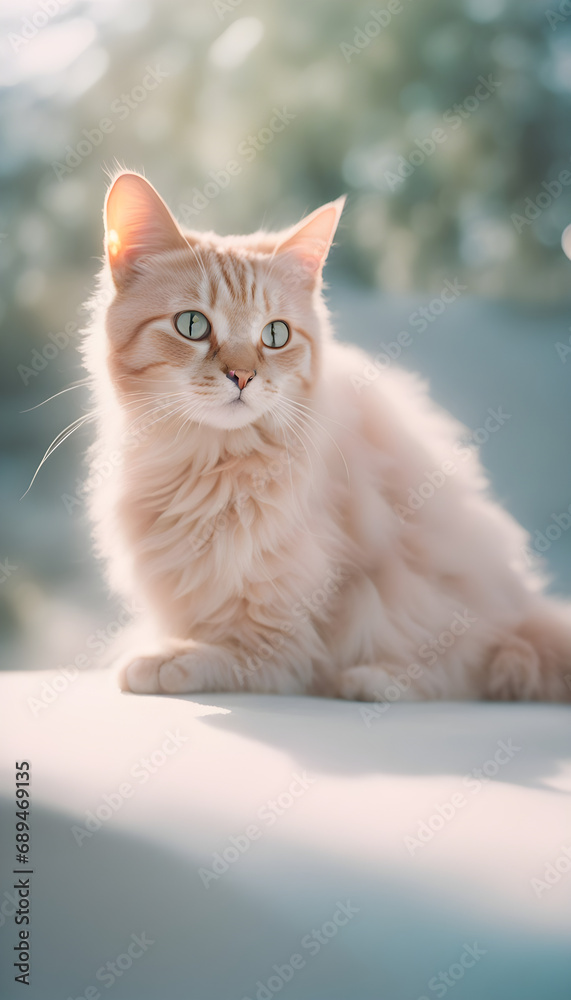 a close up of elegant Cat photoshoot, in the style of analogue filmmaking, negative colors, light blue and light crimson, closeup portrait shot. 