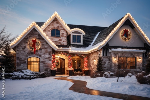 Exterior of a suburban house with Christmas decorations