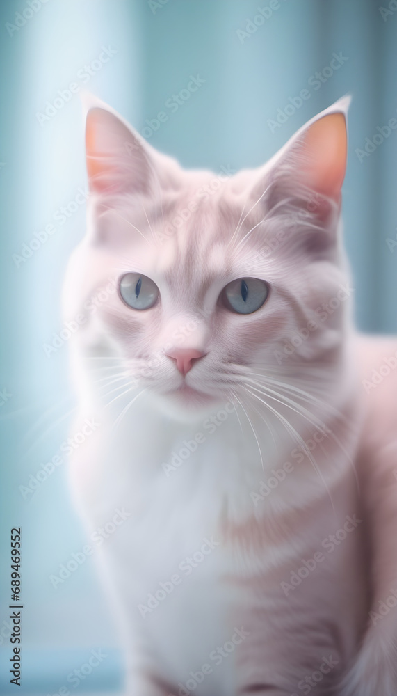 a close up of elegant Cat photoshoot, in the style of analogue filmmaking, negative colors, light blue and light crimson, closeup portrait shot. 