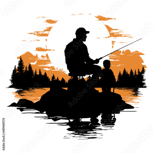 Fishing father and son on the beach, t-shirt design, vector illustration.
