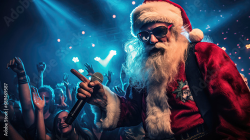 DJ Santa Claus in nightclub at Christmas and New Year party or Corporate events.