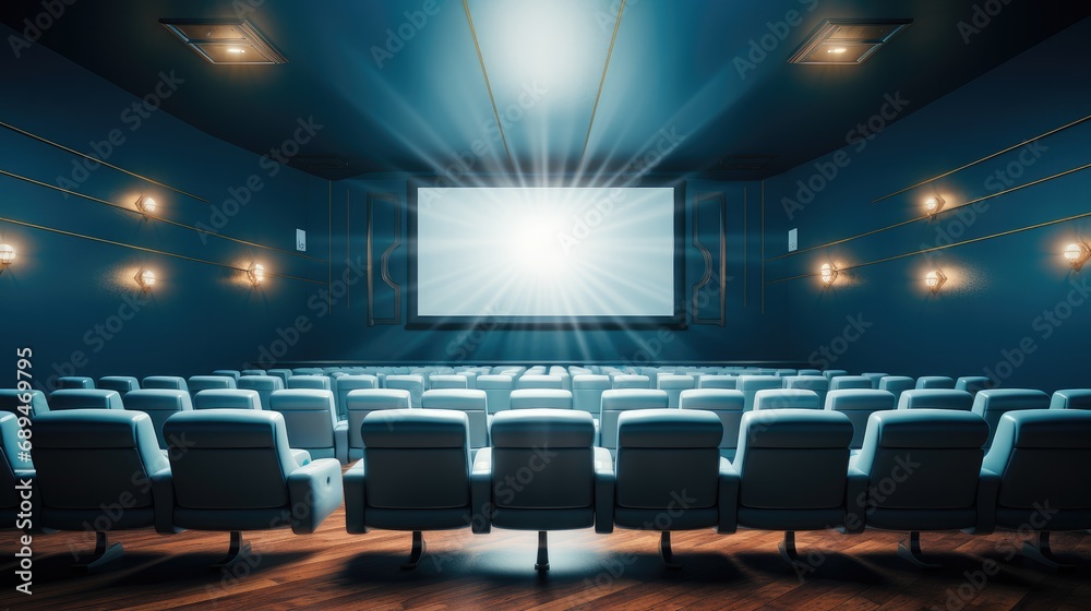 Fototapeta premium Empty of cinema in blue color with white blank screen.