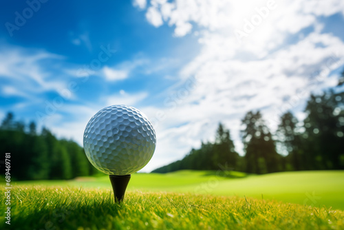 Golf Ball on a Tee photographed from a low angle on a coarse