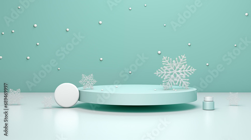 3d scene have poduim and sphere element in christmas theme with aqua color and winter weather, Generative Ai
