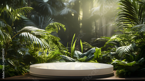 white round podium display for product presentation, lush jungle forest in the background © Lucky Ai