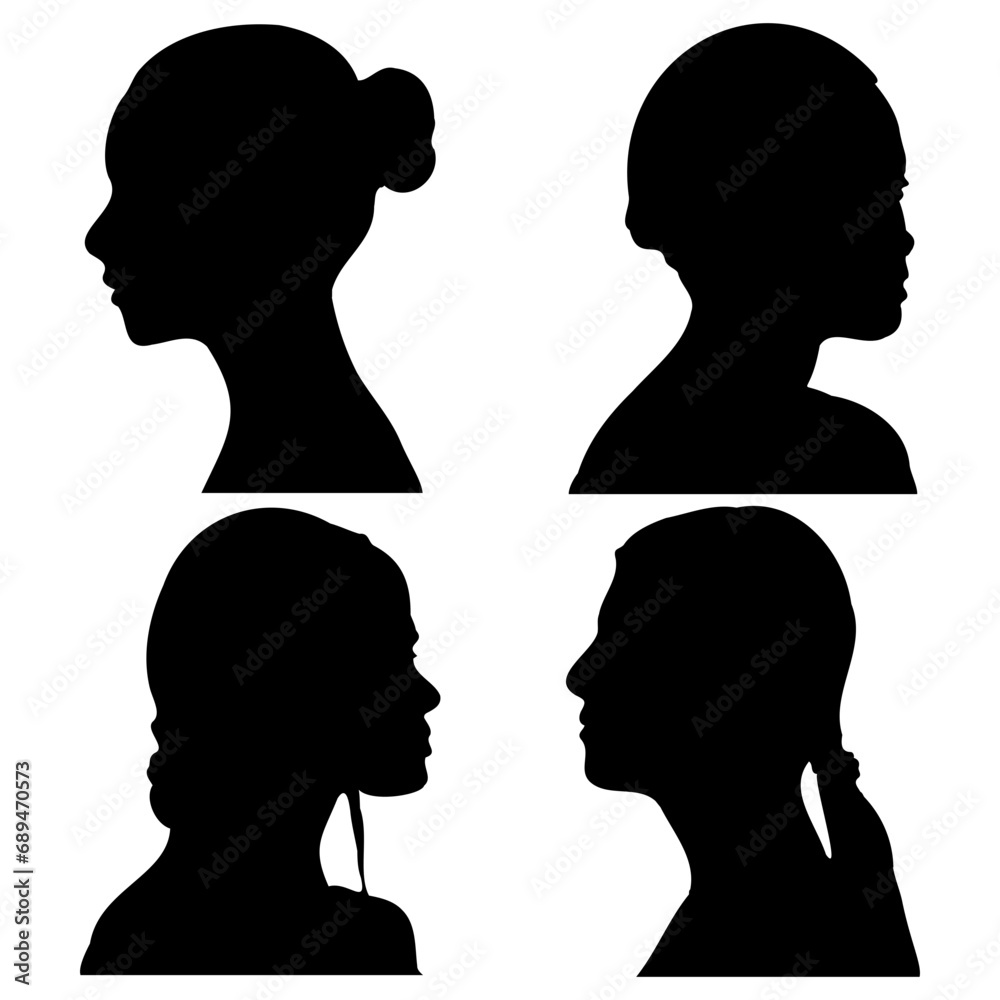 Woman Head Silhouette With Different Hairstyle. Flat Design. Vector Illustration Set. 
