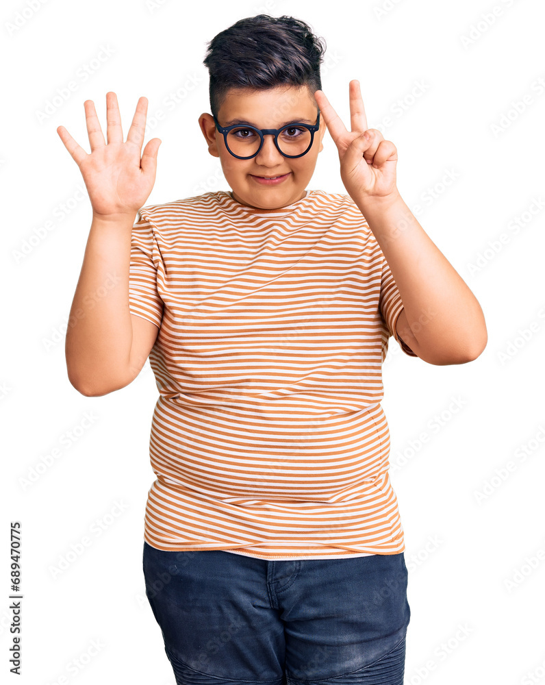 Little boy kid wearing casual clothes and glasses showing and pointing up with fingers number seven while smiling confident and happy. Little boy kid wearing casual clothes and glasses showing and pointing up with fingers number seven while smiling confident and happy.