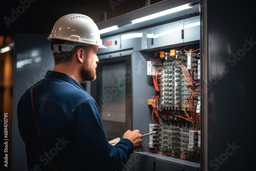 Electrician marking down things on a noteboard as a part of a scheduled maintenance work, Standing behind an electric panel.