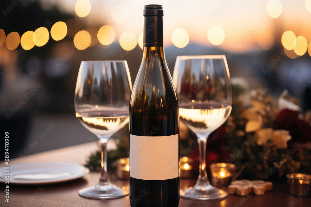 A bottle of wine with a holiday party in the background. A bottle of wine with a holiday party in the background.