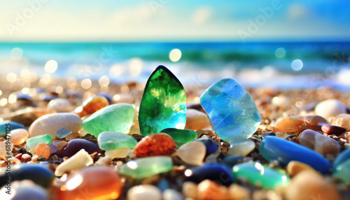 gemstones and sea glass glisten on the sandy beach, showcasing nature's hidden treasures by the shore