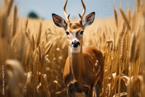 Deer standing in corn field.