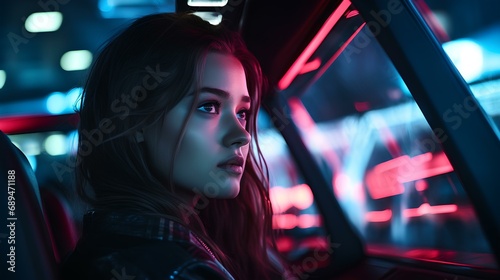 captivating young woman in a futuristic car, blinding lights. stunning visual, atmospheric with a haunting color palette and a blend of tension and suspense. generative AI photo