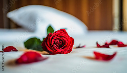 Romantic ambiance: A red rose and its petals scattered on a hotel bed, setting the mood for a passionate evening