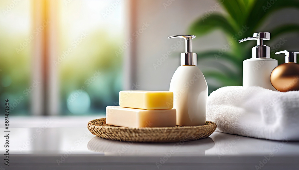 bathroom scene: toiletries, soap, towel on soft white spa backdrop, inviting relaxation and self-care