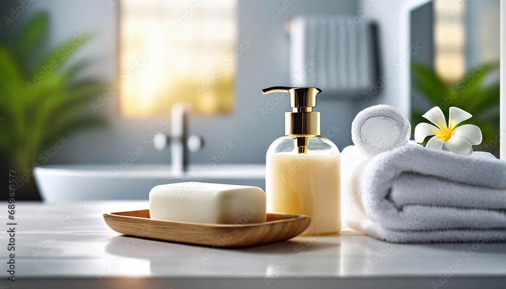 bathroom scene: toiletries, soap, towel on soft white spa backdrop, inviting relaxation and self-care bathroom scene: toiletries, soap, towel on soft white spa backdrop, inviting relaxation and self-care
