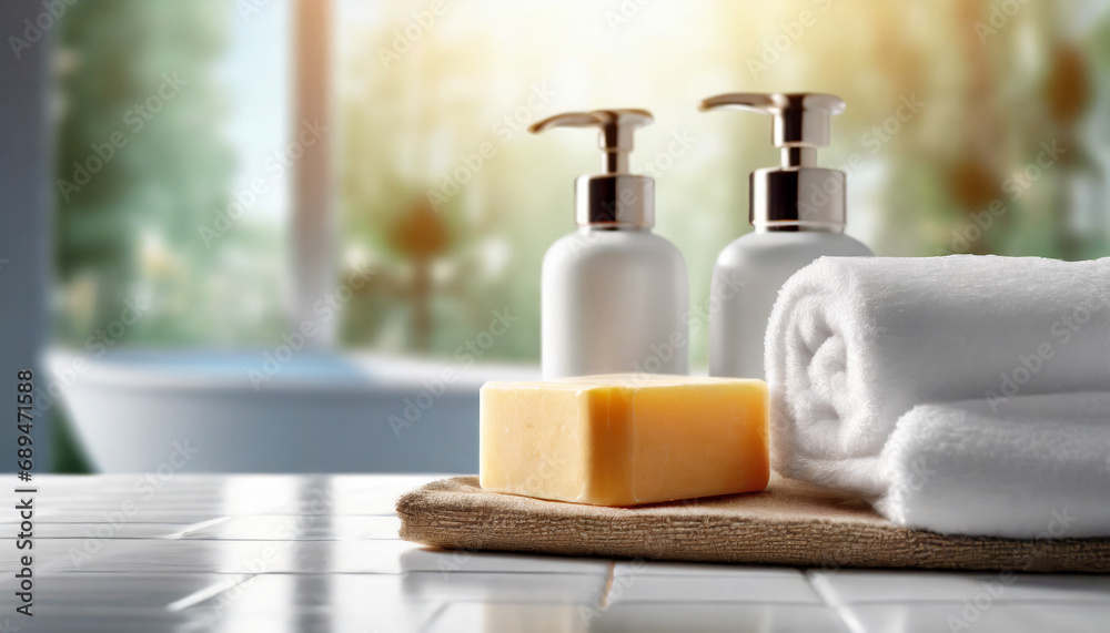 bathroom scene: toiletries, soap, towel on soft white spa backdrop, inviting relaxation and self-care