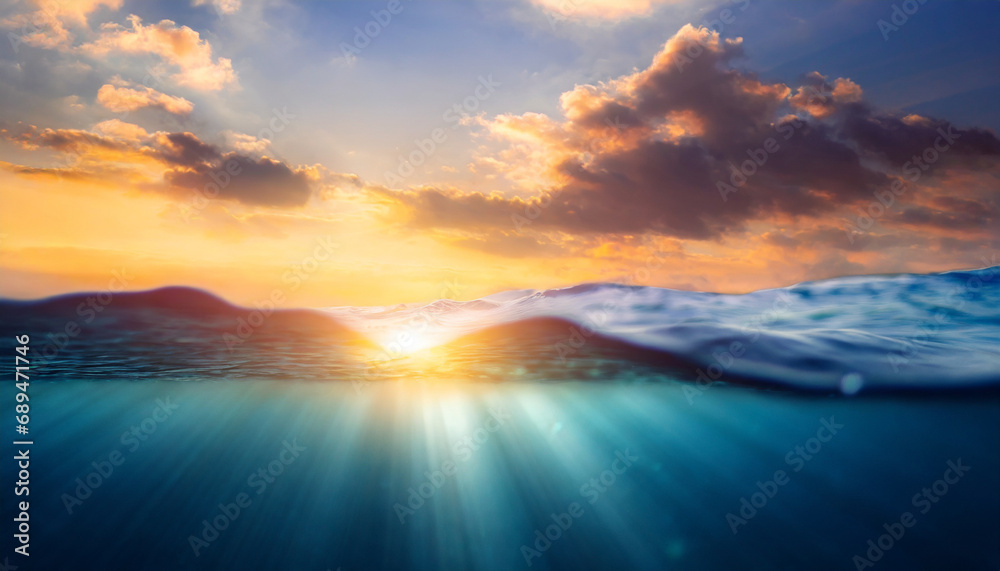 Fototapeta premium Vivid abstract underwater scene: sunlight piercing through ocean depths, creating a mesmerizing, defocused backdrop