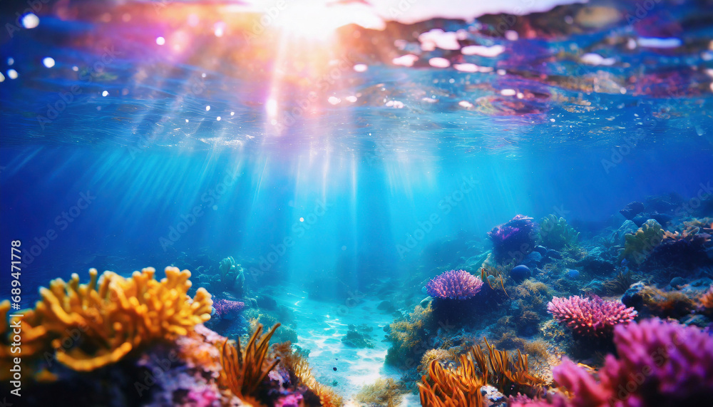 Naklejka premium Vivid abstract underwater scene: sunlight piercing through ocean depths, creating a mesmerizing, defocused backdrop