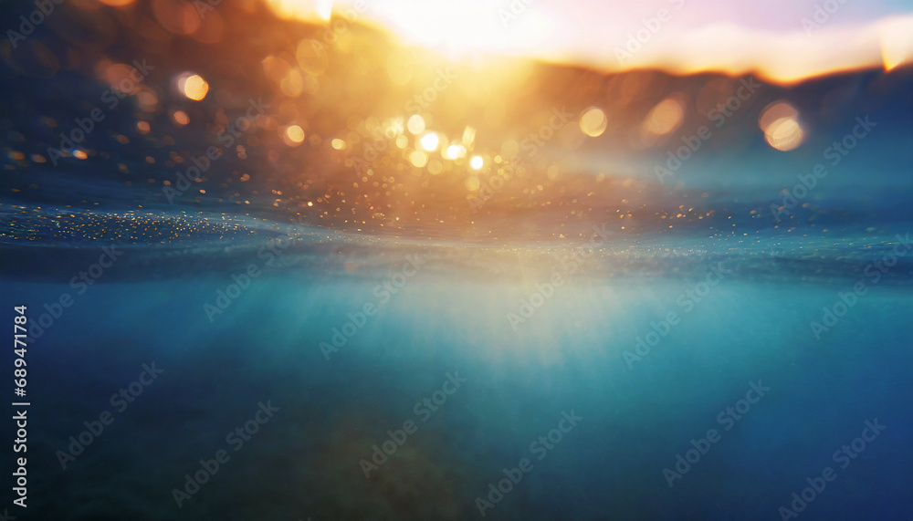 Vivid abstract underwater scene: sunlight piercing through ocean depths, creating a mesmerizing, defocused backdrop - obrazy, fototapety, plakaty 
