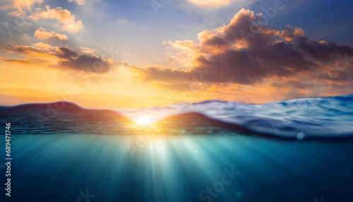 Vivid abstract underwater scene: sunlight piercing through ocean depths, creating a mesmerizing, defocused backdrop