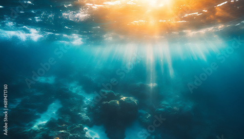 Vivid abstract underwater scene: sunlight piercing through ocean depths, creating a mesmerizing, defocused backdrop